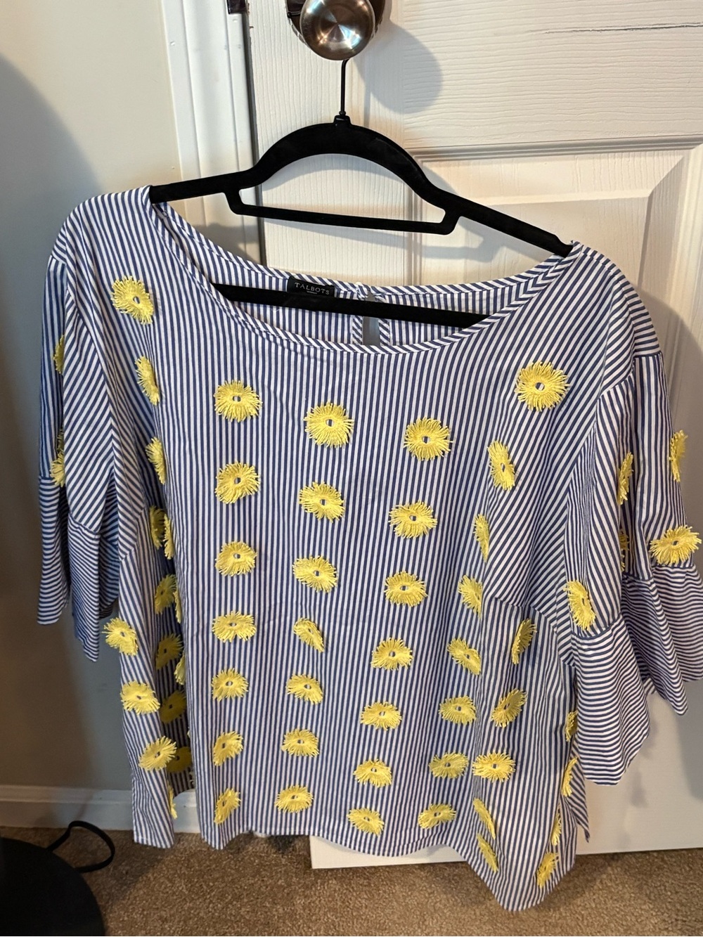 Talbots Navy and White Striped Top with Yellow Floral Appliqué